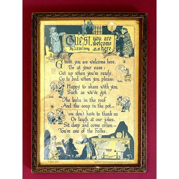 Antique Guest "Welcome"  Note Sign w. Drawing Copy Right 1923 US - Wood Frame - Picture 1 of 7
